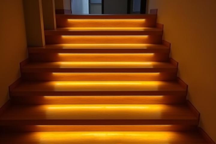Wooden staircase with subtle LED strip lighting integrated under each step, illuminating the path