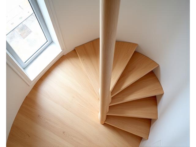 Compact wooden spiral staircase efficiently connecting two floors in a small urban apartment